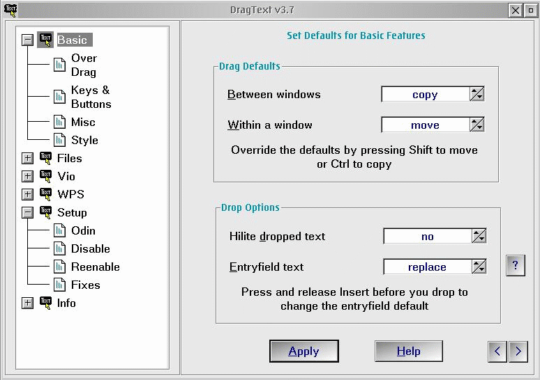 DragTexts Einstellungsnotizbuch